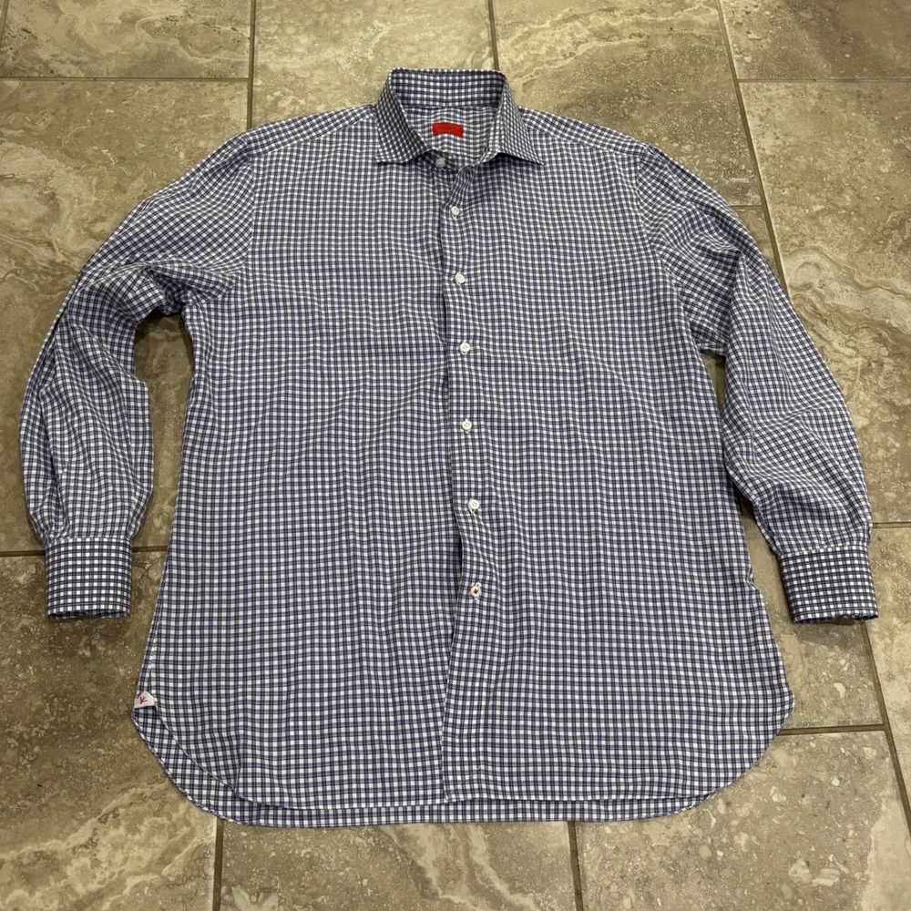 Isaia Napoli Mens Dress Shirt 17 43 Purple White Check Cotton Made in Italy